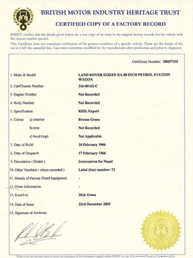 Land Rover Series IIA 88 (1966) - Zertifikat vom British Motor Heritage Trust (1966)
