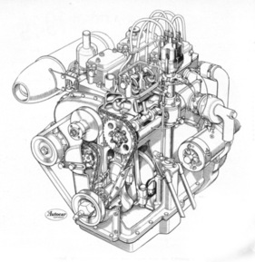 Lea-Francis 18 HP (1949) - Blick in den Motor (Durchsichtszeichnung), der Motor des 14 HP war ähnlich konstruiert, es gibt aber kleine Unterschiede
