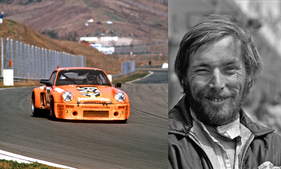 Bild Links der Porsche 911 Carrera RSR 3.0 (1974) und rechts der deutsche Rennfahrer Jürgen Barth