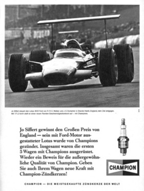 Lotus 49B (1968) - Jo Siffert im Rob-Walker-Lotus bei seinem Sieg in Brands Hatch 1968 - Werbung für Champion Zündkerzen