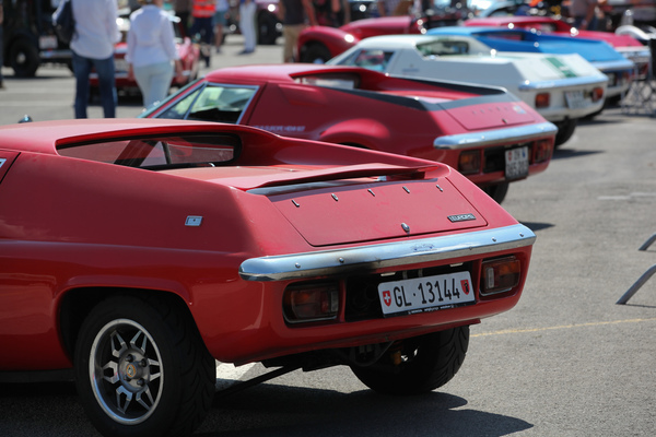 Lotus Europa in Reih' und Glied - charakterische Heckpartie - British Car Meeting BCM in Mollis 2019