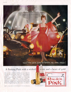 Maserati A6G 2000/54 Gran Sport (1956) - Chassis 2140 (vorn links) mit dem Kennzeichen 1007-FH 75 auf einem Foto des New Yorker Modefotografen Glen Derujinsky für den Lippenstift Rue de la Pink des New Yorker Kosmetikerstellers Coty; im Hintergrund einer der beiden Brunnen auf dem Place de la Concorde in Paris