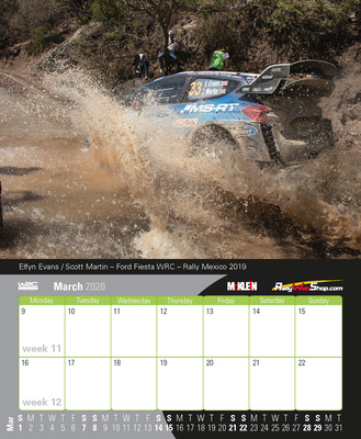 McKlein Desktop Rallye Calendar 2020 - Da spritzt der Schlamm: Ein Ford Fiesta WRC auf der März-Seite.