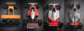McLaren M7A (1969), McLaren M23 (1974), McLaren MP 4-4 (1988) und McLaren MP 4-27 (2012) am Firmenhauptsitz von McLaren in Woking McLaren M7A (1969), McLaren M23 (1974), McLaren MP 4-4 (1988) und McLaren MP 4-27 (2012) am Firmenhauptsitz von McLaren in Woking