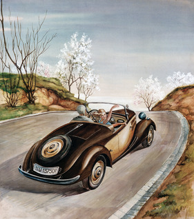 Mercedes-Benz 170 V (1937) - Roadster auf einer Gouache von Leibach