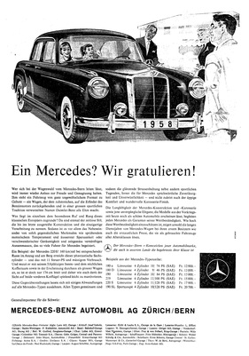 Mercedes Benz 190 (1958) - Werbeanzeige in der Schweiz im April 1958