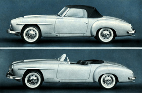 Mercedes-Benz 190 SL (1954) - Vorserienmodell einmal mit Rennscheibe und einmal mit Panoramascheibe und Faltdach - Abbildung aus dem provisorischen Verkaufsprospekt von 1954