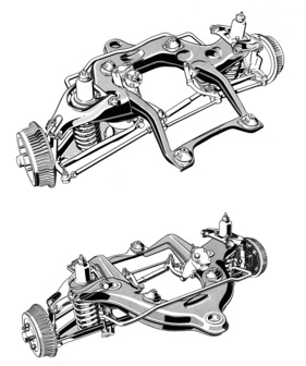 Mercedes-Benz 220 (1955) - Vorderachs-Konstruktion für den Ponton-Mercedes von vorne und hinten gesehen