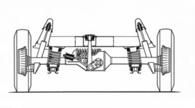 Mercedes-Benz 220 (1959) – Ansicht der hinteren Eingelenkpendelachse mit tiefliegendem Drehpunkt und Ausgleichsfeder