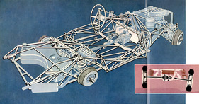 Mercedes-Benz 300 SL Roadster (1958) - Darstellung des Rohrrahmens und der Hinterachskonstruktion - Verkaufsprospekt von 1958