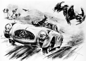 Mercedes Benz 300 SL (W194) von 1952 - Sieger Karl Kling und Hans Klenk auf Mercedes-Benz Typ 300 SL und ihr legendärer Unfall mit dem Geier - Zeichnung von Hans Liska