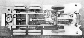 Mercedes-Benz G1 (1926) - Blick auf das Chassis. Gut zu sehen: die Welle vom Getriebe zur hinteren Seilwinde