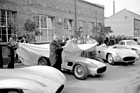 Mercedes Benz W 196 (1955) - Abschlussfeier im Werk Untertürkheim am 24. Oktober 1955 - drei Varianten des W 196, rechts der Rennsportwagen 300 SLR (W 196 S)