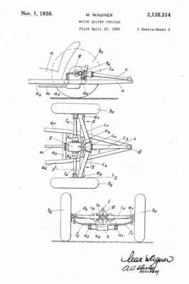 Ebenfalls eine Entwicklung von Max Wagner war die De-Dion-Hinterachse mit hinten angelenktem Y-Achsrohr und querliegenden Viertelelliptikfedern.