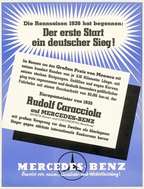 Die Propaganda-Abteilung von Mercedes-Benz verlor keine Zeit mit der Kundgabe des "Deutschen Sieges". Später gab der W25K allerdings auch nur noch selten Anlass zu derartigen Plakaten.