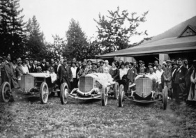 Mercedes Mannschaft mit Christian Werner, Otto Salzer und Alfred Neubauer - Semmering-Rennen (1924)