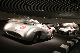 Mercedes Silver Arrows, in front the fully shuttered Mercedes W196 from 1953