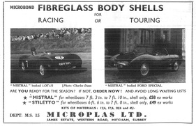 Microplas Kunststoff-Karosserien für Ford, Lotus und andere Chassis - Werbung erschien im März 1956 im englischen Magazin "Motorsport"