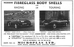 Microplas Kunststoff-Karosserien für Ford, Lotus und andere Chassis - Werbung erschien im März 1956 im englischen Magazin "Motorsport"
