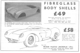 Microplas Kunststoff-Karosserien für verschiedene Chassis - Werbung erschien im Juli 1955 im englischen Magazin "Motorsport"