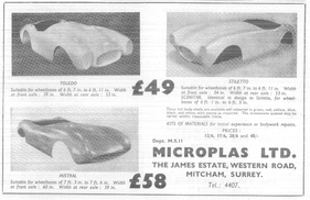 Microplas Kunststoff-Karosserien für verschiedene Chassis - Werbung erschien im Oktober 1955 im englischen Magazin "Motorsport"