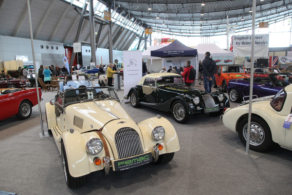 Morgan sports cars may look old, but they appear to be much newer than their neighbors in the "British Corner" - Retro Classics Stuttgart 2020