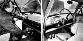 NSU-Fiat Europa (1963) - aaufgeräumters Armaturenbrett, aber fast nicht zu erreichende Handbremse