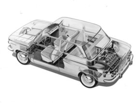 NSU Prinz 1000 (1964) – Schnittzeichnung von schräg hinten (1964)