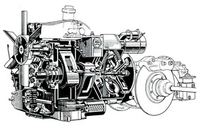 NSU Ro 80 - Der Wankel-Motor im Schnittbild - deutlich zu erkennen die beiden Läufer und das angeflanschte halbautomatische Getriebe