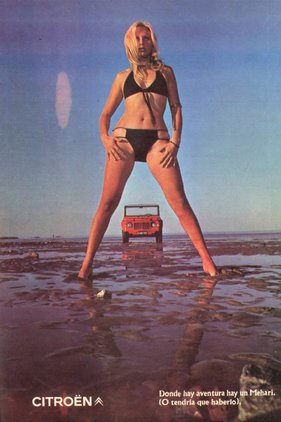 Offizielles Werbeplakat von Citroën: "Wo ein Abenteuer ist, ist auch ein Mehari (oder sollte einer sein)" (1968)