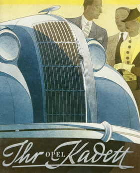 Opel Kadett (1936) - Das Titelblatt dieser Werbebroschüre betont die Eleganz der Opel Kadett-Frontpartie; die Illustration stammt aus der Feder des Berliner Künstlers Bernd Reuters
