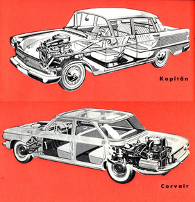 Opel Kapitän (1959) im Vergleich zum Chevrolet Corvair (1959) - Durchsichtszeichnungen