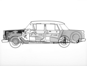 Schnittzeichnung eines Kapitän L, erkennbar an den Drehrädern für die Ausstellfenster an den hinteren Türen und den Liegesitz-Beschlägen.