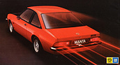 Opel Manta GT/E (1977) – Abbildung aus dem Prospekt mit nicht ganz perfekt hineinretuschiertem Blitz