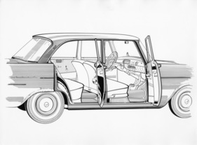 Opel Rekord (1960) - Skizze - breite Türen gestatten den bequemen Einstieg in den Innenraum