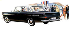 Opel Rekord (1961) - der elegante Personenwagen in einer Flughafenszene mit berittenem Polizisten