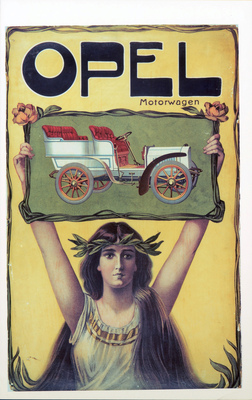 Opel Tonneau (1906) - verliess als 1000. Opel die Werkshallen, gefeiert durch ein Jugendstil-Plakat "Viktoria"