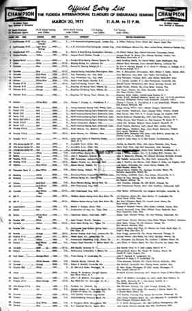 Original Starterliste des 12 Stunden Rennen von Sebring 1971