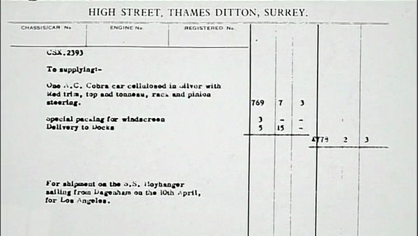 Originalrechnung von AC Cars an Carroll Shelby - Standbild aus dem Film The Snake and the Stallion