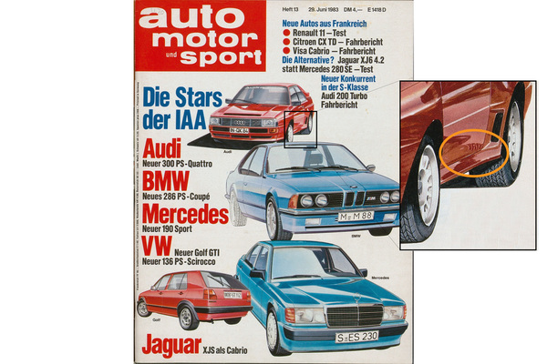 Peter Birthwhistle verewigte sich mit seinem Kürzel "Birthy" in der Zeichnung zum Audi Sport quattro (Titelseite Auto Motor und Sport Heft 13/1983)