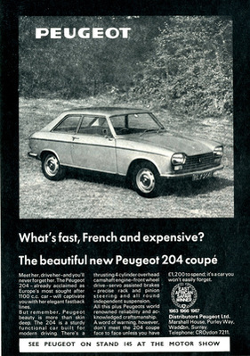 Peugeot 204 Coupé (1969) - in der Werbung: "Was ist schnell, französisch und teuer?"