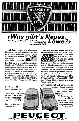 Peugeot 404 - Werbung in der Automobil Revue im Jahre 1967