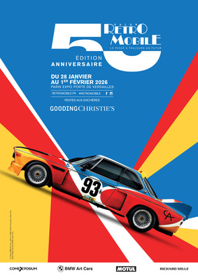 Poster of the 50th Rétromobile 2026 with the first Art Car painted by Calder, a BMW 3.0 CSL