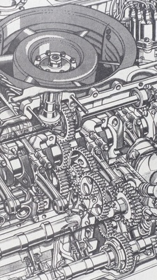 Porsche 917 (1969) – Diese Schnittzeichnung des Motors zeigt den mittigen Abtrieb der Kurbelwelle