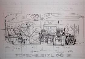 Porsche 917 LH - Eine Originalskizze von Sebastian Sauvadet zeigt detailliert, wo das Reserverad untergebracht wurde