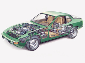 Porsche 924 (1976) - die Durchsichtszeichnung zeigt die Transaxle-Bauweise