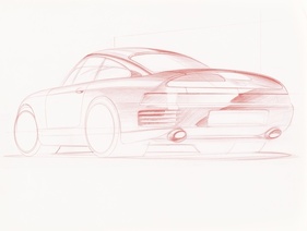Porsche 959 (1987) – Entwufsskizze: die Motorhaube durchschneidet noch den Heckflügel; Luftauslässe und Auspuff weichen ebenfalls von der späteren Serie ab