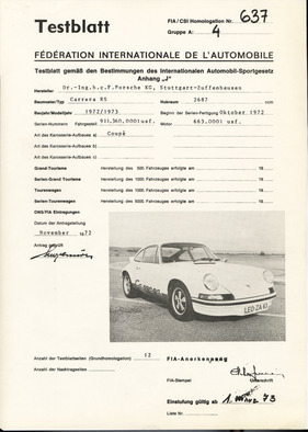 Porsche Carrera RS (1972) - Montagejahr 1972 - Homogationsblatt für Fahrgestellnummer 911.360.0001