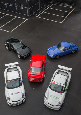 Image: Porsche Cup sports cars from 1988 to 2007 - from left to right 944 Turbo, 964 Carrera 2, 993 Supercup, 997 and 996 - offered at the Oldtimer Gallery Auction at the Dolder on June 16, 2018