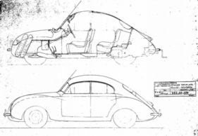 Porsche Typ 352 (1946) – Entwurf für eine viertürige Limousine, diesmal mit luftgekühltem Heckmotor